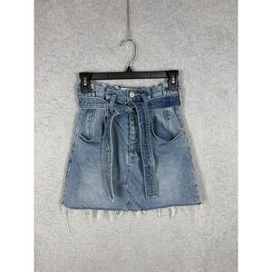 We The Free Denim Paperbag Waist Mini Skirt Belted Raw Hem Blue Womens 24
